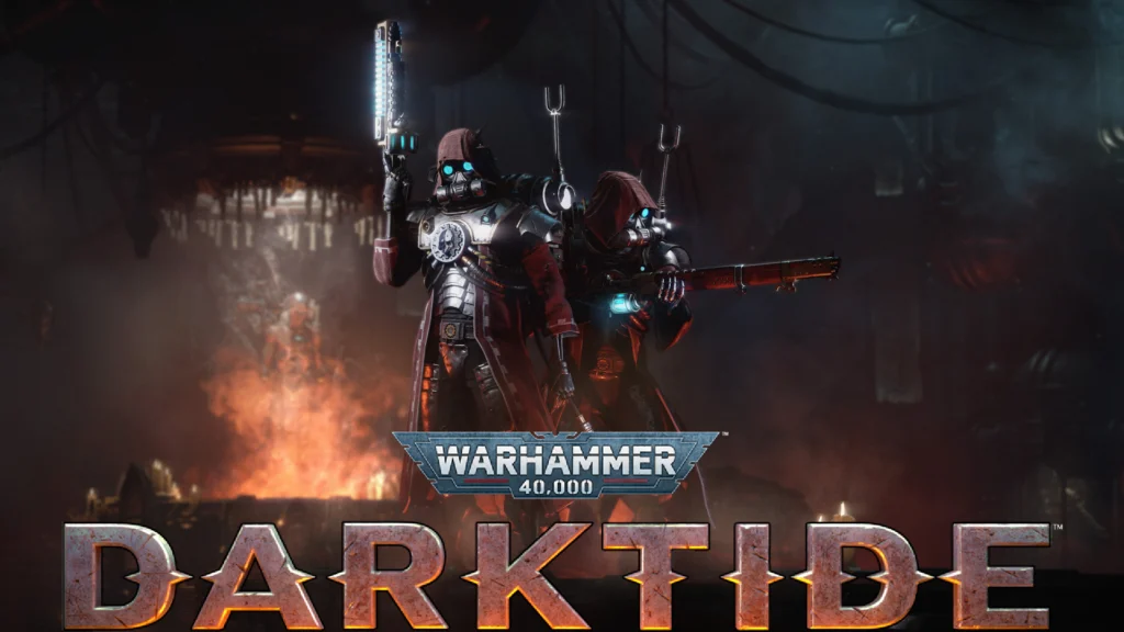 Two of the Warhammer 40K Darktide Skitarii classes standing beside each other with their weapons with the title of the game below them