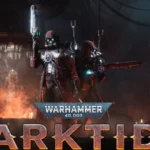 Two of the Warhammer 40K Darktide Skitarii classes standing beside each other with their weapons with the title of the game below them
