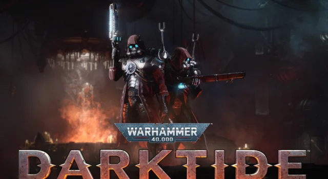 Two of the Warhammer 40K Darktide Skitarii classes standing beside each other with their weapons with the title of the game below them