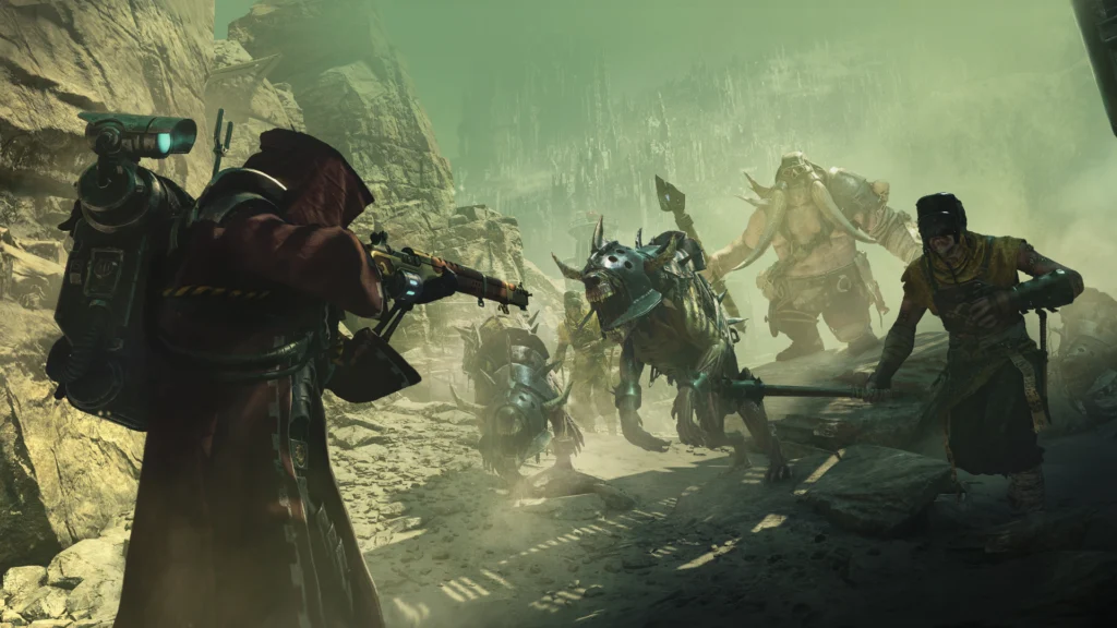A lone Warhammer 40K Dartkide Skitarii warrior with the Galvanic Rifle engaging a horde of enemies