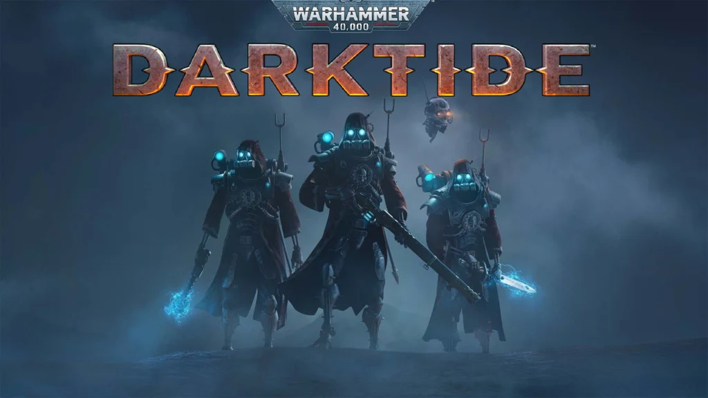 Three Warhammer 40K Darktide Skitarii warriors facing the camera while holding their weapons with the title of the game above them in the top center