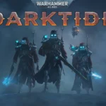 Three Warhammer 40K Darktide Skitarii warriors facing the camera while holding their weapons with the title of the game above them in the top center