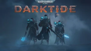 Three Warhammer 40K Darktide Skitarii warriors facing the camera while holding their weapons with the title of the game above them in the top center
