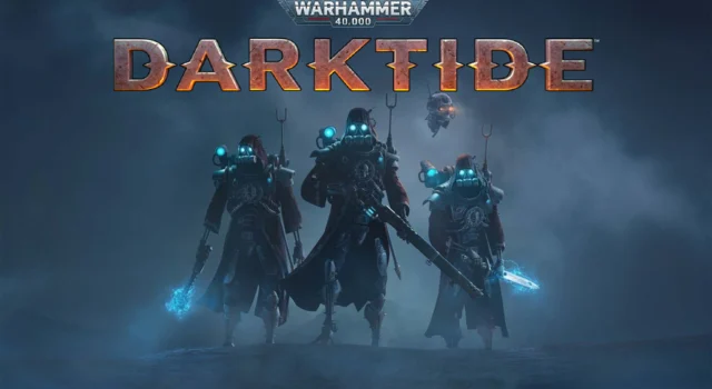 Three Warhammer 40K Darktide Skitarii warriors facing the camera while holding their weapons with the title of the game above them in the top center