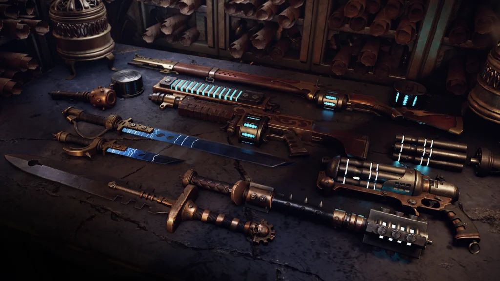 The various weapons of the Warhammer 40K Darktide Skitarii class