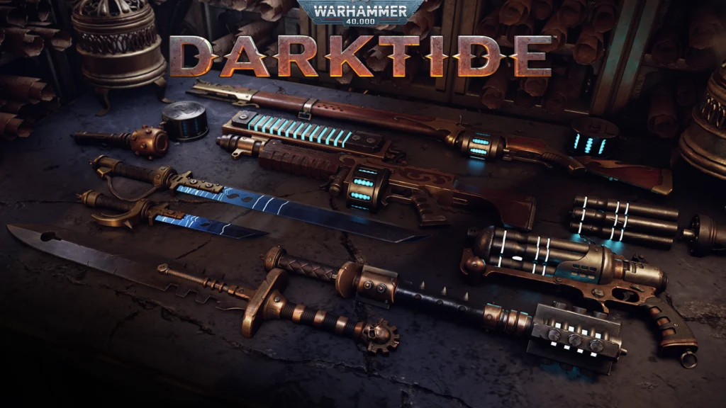 The various weapons of the Warhammer 40K Darktide Skitarii class with the title of the game in the top middle of the image