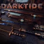 The various weapons of the Warhammer 40K Darktide Skitarii class with the title of the game in the top middle of the image