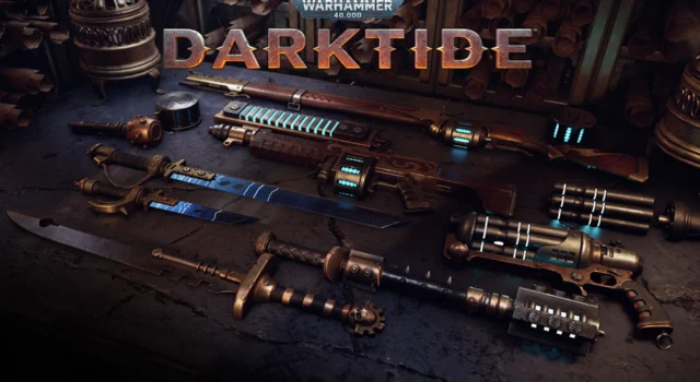 The various weapons of the Warhammer 40K Darktide Skitarii class with the title of the game in the top middle of the image
