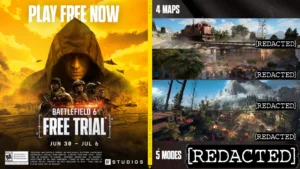 The cover for the Battlefield 6 free trial featuring the maps and game modes in the trial but they're redacted