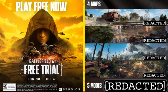 The cover for the Battlefield 6 free trial featuring the maps and game modes in the trial but they're redacted