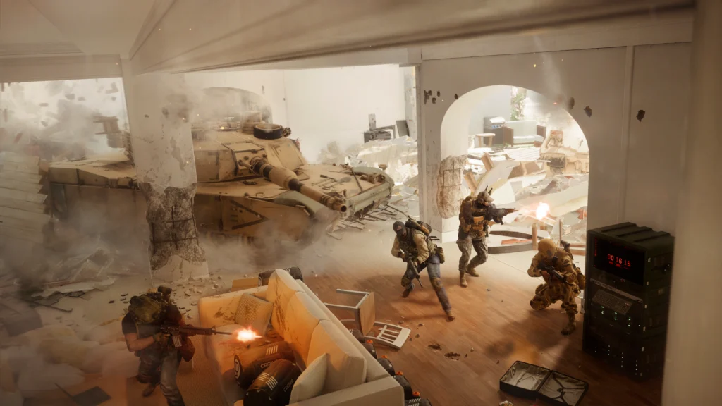The Battlefield 6 Free Trial For Season 3 High-Value Target And Its Contents 3 A tank bursting into a house with infantry inside of it