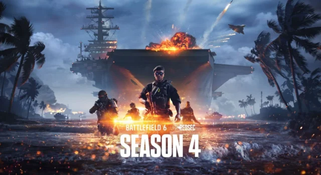 The cover of Battlefield 6 Season 4 showing infantry, plants, and boats coming from an aircraft carrier in the background