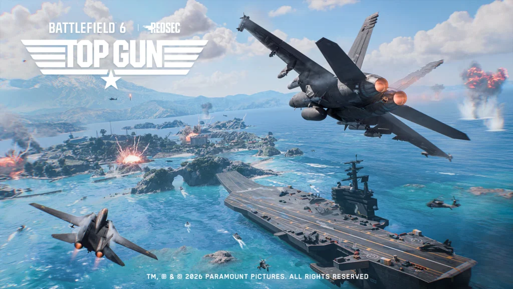 Battlefield 6 Season 4 Arrives On July 21, 2026, And There's A Bountiful Roadmap To Follow 2 The cover for the Top Gun crossover coming in Battlefield 6 Season 4 showing fighter jets flying over the new Tsuru Reef map