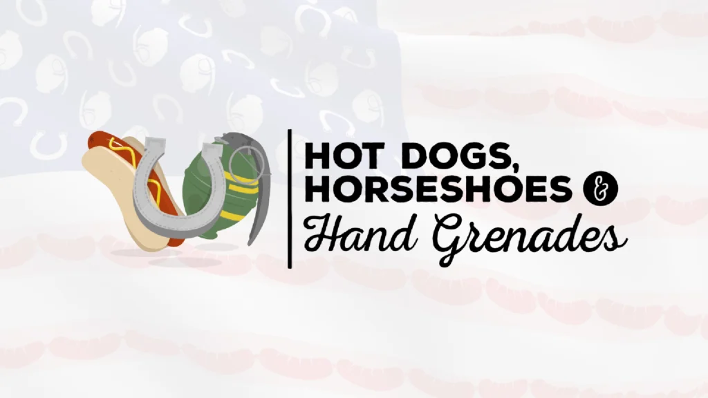 A variant of the Hotdogs, Horseshoes, and Hand Grenades cover featuring an American flag in the background