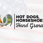 A variant of the Hotdogs, Horseshoes, and Hand Grenades cover featuring an American flag in the background