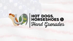 A variant of the Hotdogs, Horseshoes, and Hand Grenades cover featuring an American flag in the background