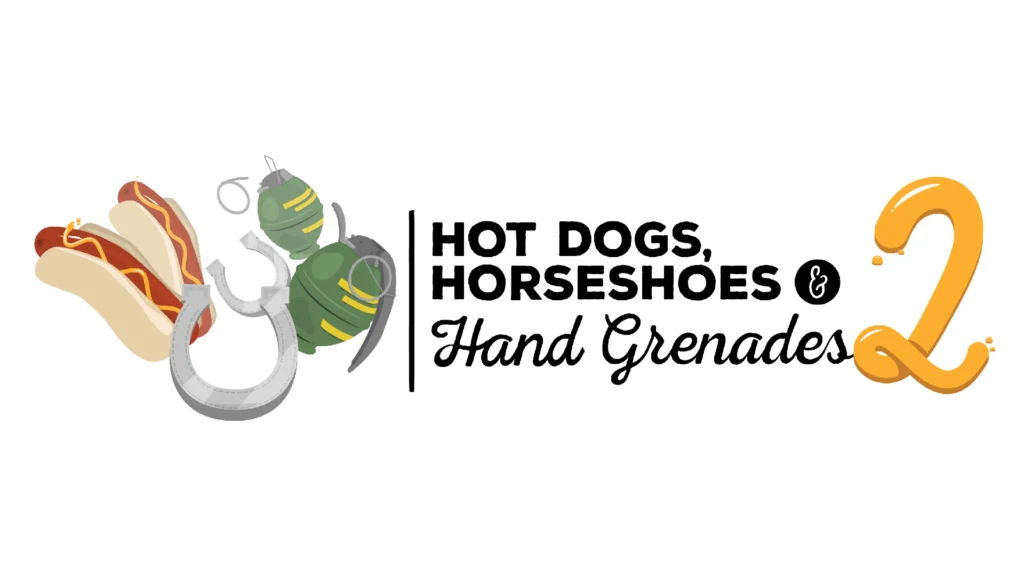 The cover of H3VR 2, which shows the title of the game with two hotdogs, horseshoes, and hand grenades, along with a big two