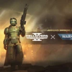 The cover for the Helldivers 2 Warhammer 40K Legendary Warbond featuring two Helldivers wearing the two different armors in the Warbond