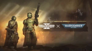The cover for the Helldivers 2 Warhammer 40K Legendary Warbond featuring two Helldivers wearing the two different armors in the Warbond