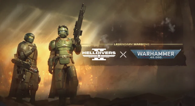 The cover for the Helldivers 2 Warhammer 40K Legendary Warbond featuring two Helldivers wearing the two different armors in the Warbond