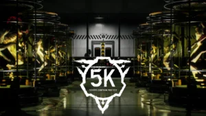 A laboratory with huge glass vats containing strange creatures with the logo of SCP: 5K in the bottom center