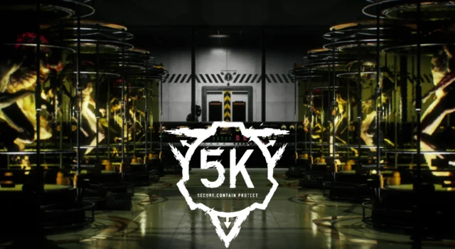 A laboratory with huge glass vats containing strange creatures with the logo of SCP: 5K in the bottom center