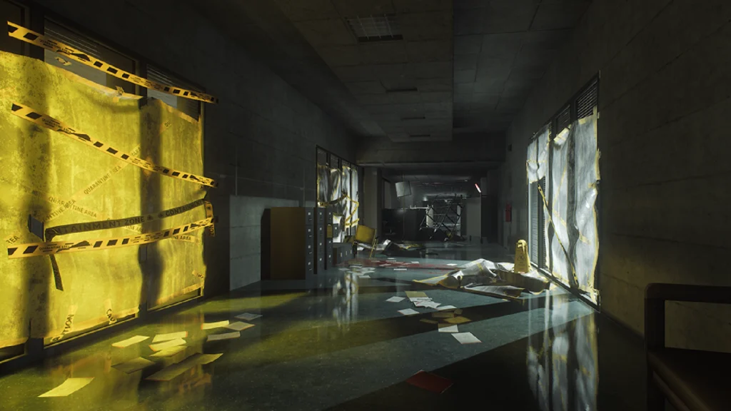The Exciting SCP: 5K 1.0 Release And Its Current Status 2 A cluttered hallway littered with caution tape, paper, and various other debris