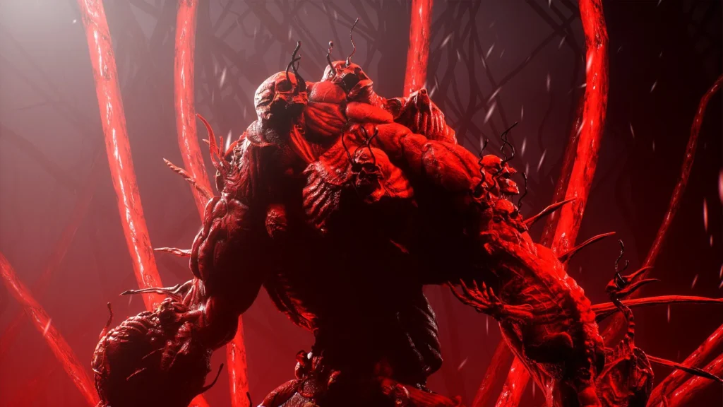 A red, fleshy, bulky humanoid SCP with tendrils and skulls all over it
