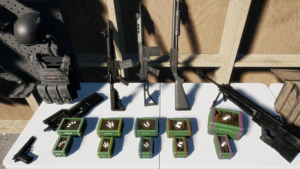 Various weapons and their respective ammo boxes on a table as part of the changes to the SCP: 5K core features