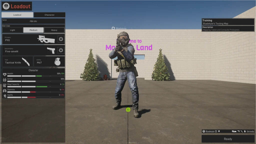 A loadout UI on the left side detailing player speed, health, ammo capacity, and more, while the player character stands in the middle 