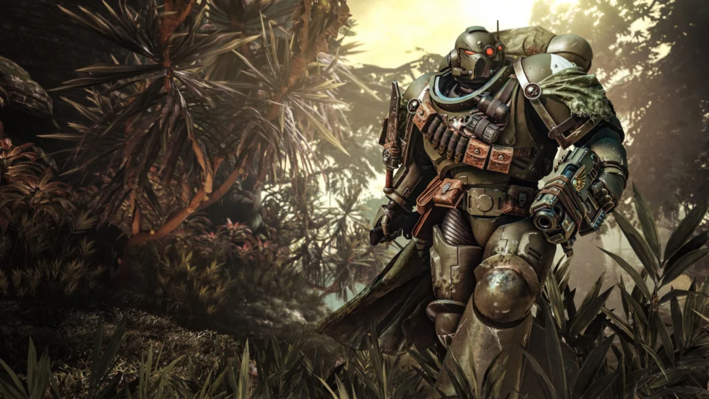 A Space Marine wearing cosmetics from the new Raptors Cosmetic Pack