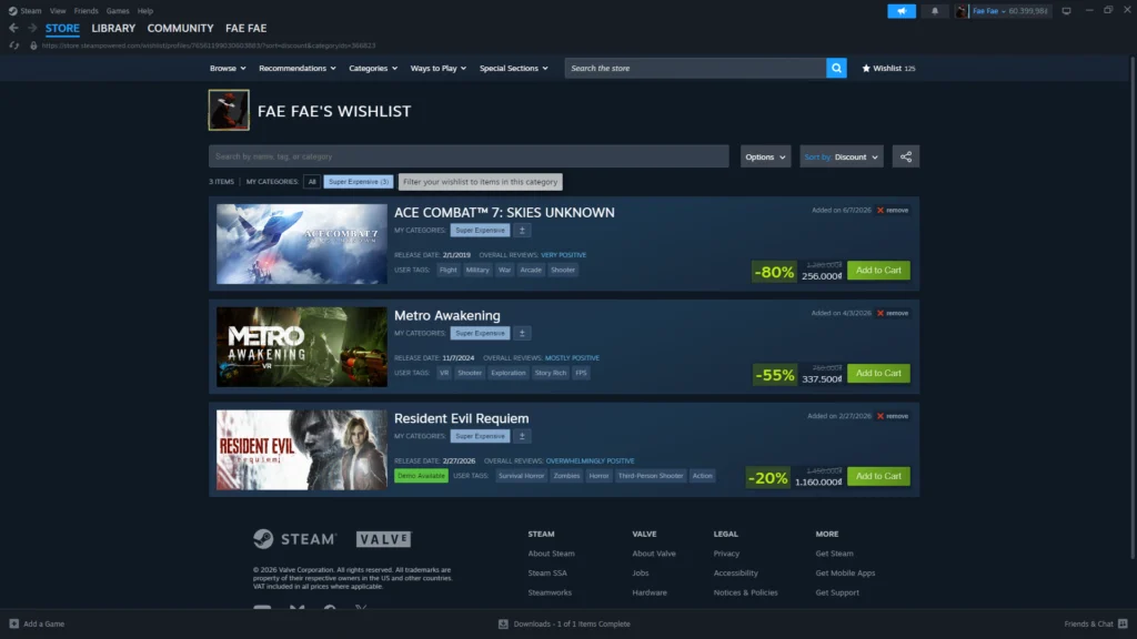 The new category sorting feature in the Steam client wishlist changes