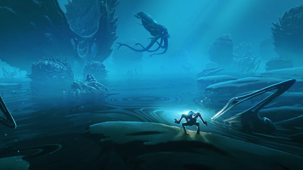 The Exciting Subnautica 2 Adaptive Measures Update And The Improvements It Provides 2 Concept art for a new biome showing massive creatures in the distance and a mech suit looking at them