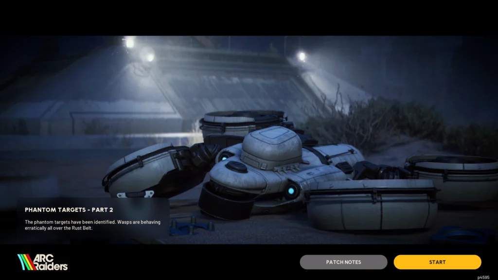 The in-game announcement for the Arc Raiders Phantom Targets Part Two project as seen in-game upon start up showing a glitching ARC Wasp on the ground