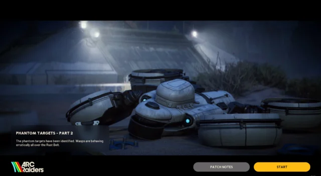 The in-game announcement for the Arc Raiders Phantom Targets Part Two project as seen in-game upon start up showing a glitching ARC Wasp on the ground