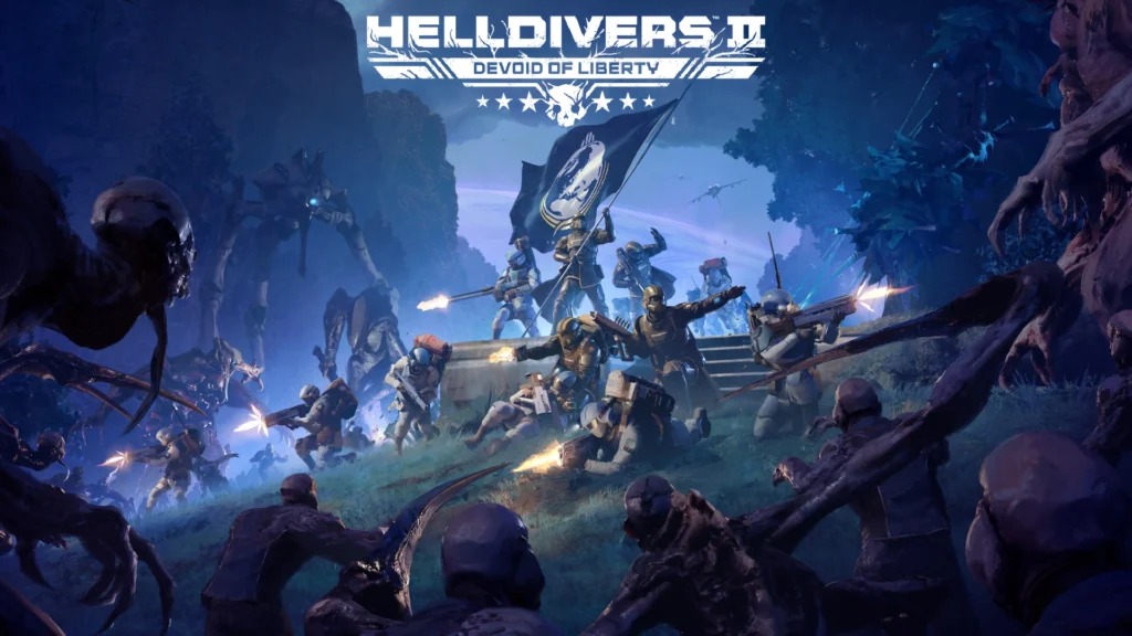 The cover for the Helldivers 2 Devoid of Liberty update showing Helldivers and SEAF soldiers fighting alongside each other as Illuminate forces close in around them