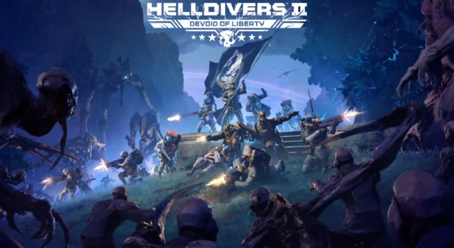 The cover for the Helldivers 2 Devoid of Liberty update showing Helldivers and SEAF soldiers fighting alongside each other as Illuminate forces close in around them