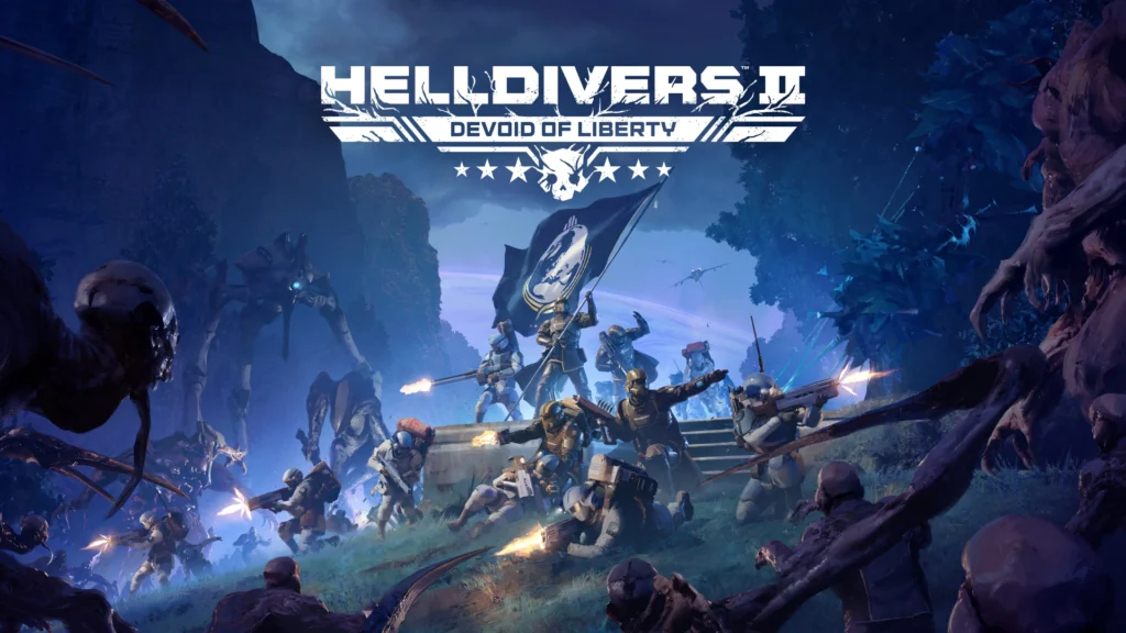 The cover for the Helldivers 2 Devoid of Liberty update showing Helldivers and SEAF soldiers fighting alongside each other as Illuminate forces close in around them