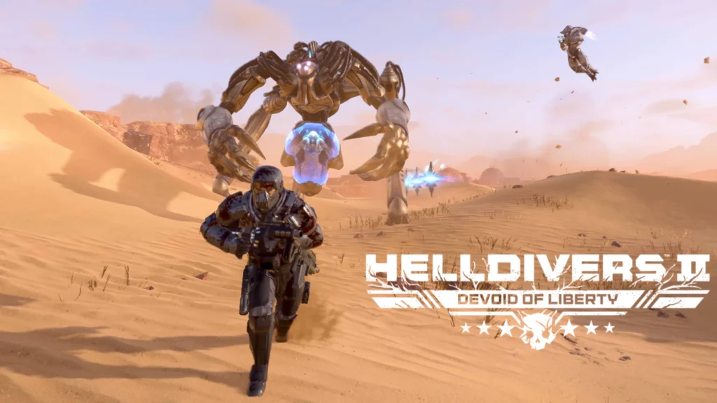 A Helldiver running away from a Veracitor from the Helldivers 2 Illuminate Appropriators