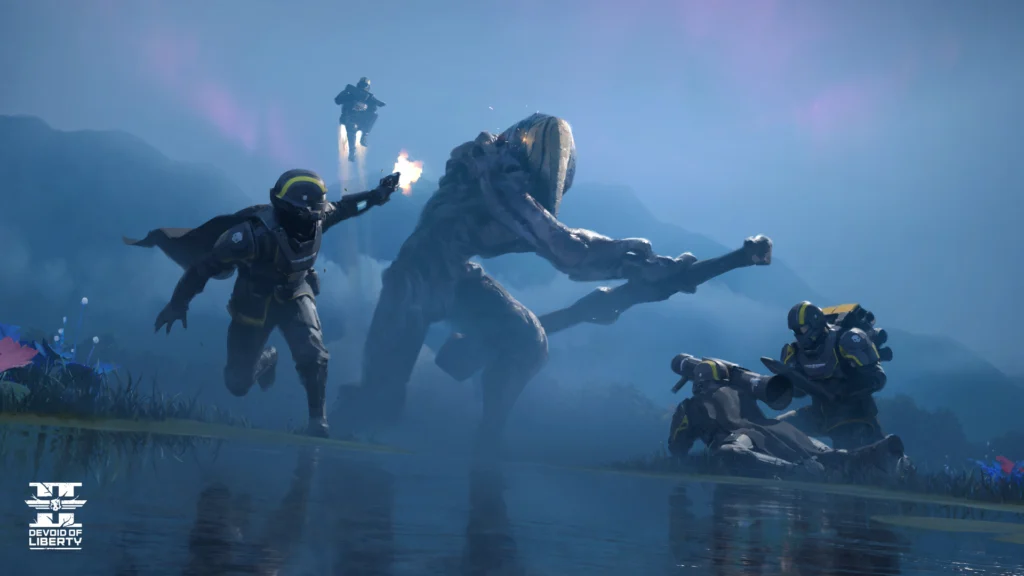 How To Combat The Horrific Helldivers 2 Vote Snatchers 2 Four Helldivers taking on a singular Crush in a misty flooded area