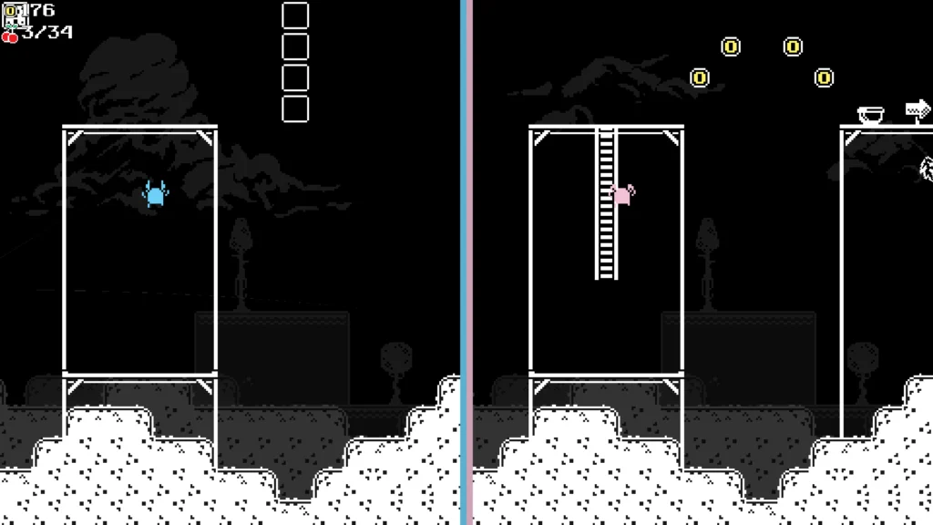Patter holding onto a ladder on the right side of the screen while Pitter floats in the air on the left side