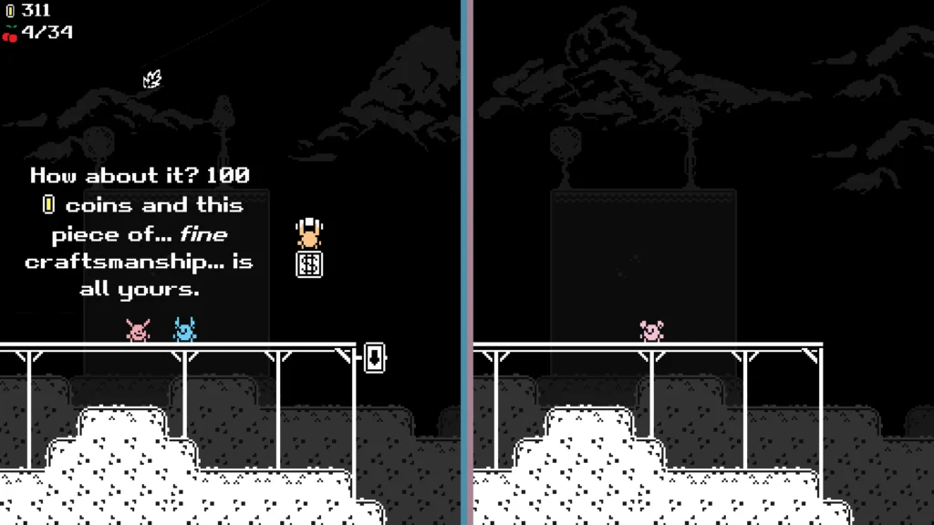 A character on the left side of the screen talking to a store vendor while the right side character is staring at nothing